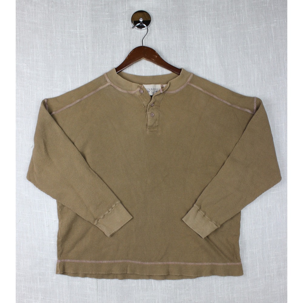 Country Touch Mens XL Thermal Henley Shirt Tan Waffle Knit Long Sleeve Vintage